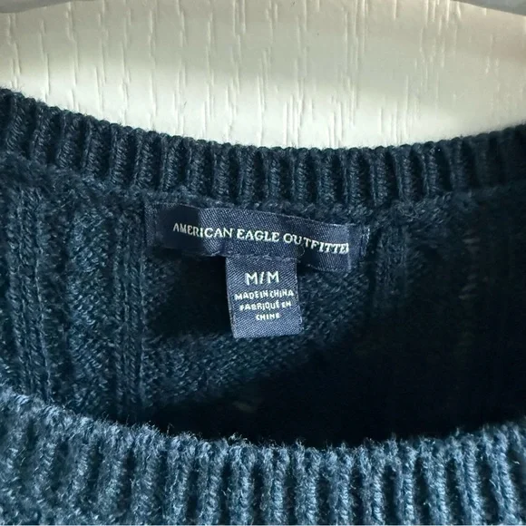 American Eagle Sweater Lightweight Blue Cable Knit Crewneck Zipped Sides Sz M - Picture 11 of 13